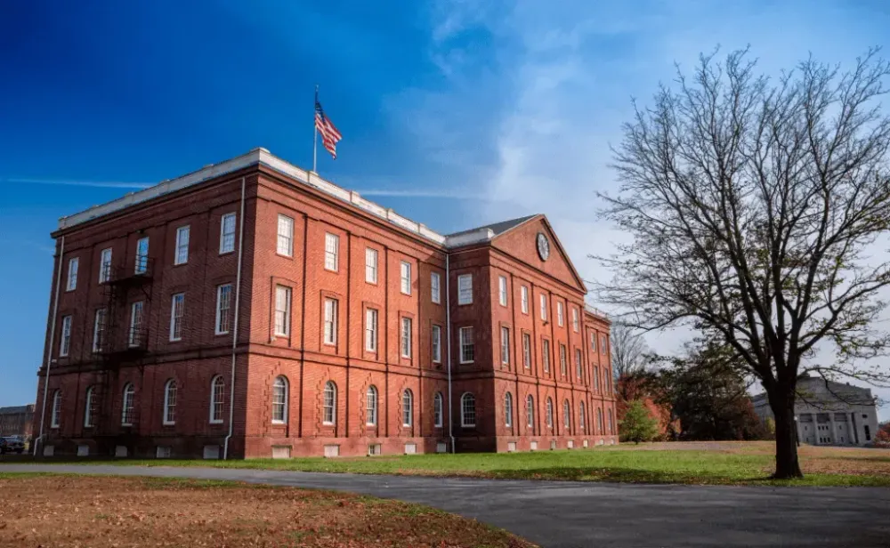 Springfield, MA. Brick structure and clock tower of Springfield Armory National Historic Site managed by park service in western Massachusetts